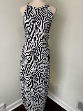 Zebra Print Halter Maxi Dress - Black & White